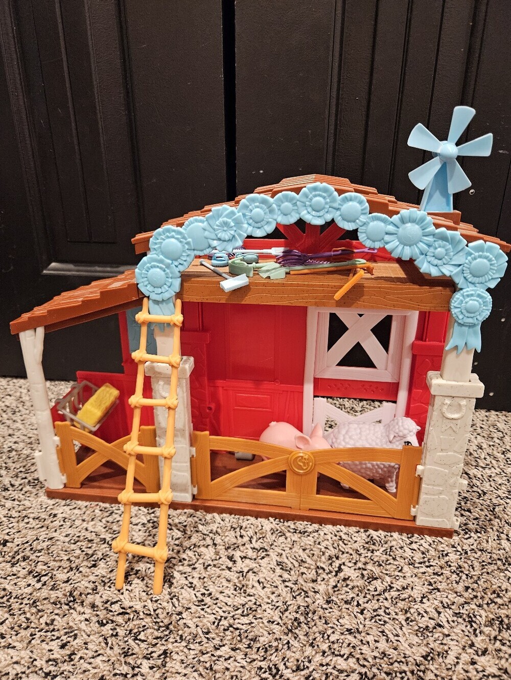 Hairmazing Kids Toy Farm Playset Red and Orange Barn with Blue Animals Boy Girl